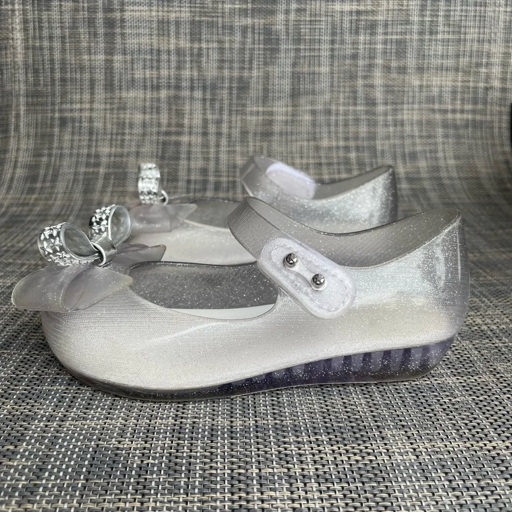 Mini Melissa Ultragirl Bow Mary Jane flats Clear glitter/Silver Dress Shoes sz 9